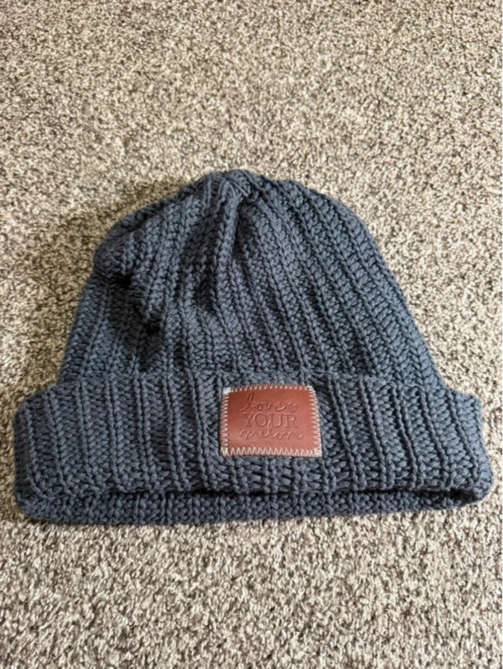 Love Your Melon Gray Ribbed Knit Beanie Made in USA Leather Patch Winter Hat